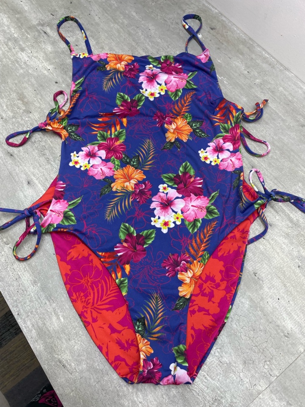 Aqua Reversible One‎ Piece Swimsuit Womens Blue Pink Floral Side Tie Exc